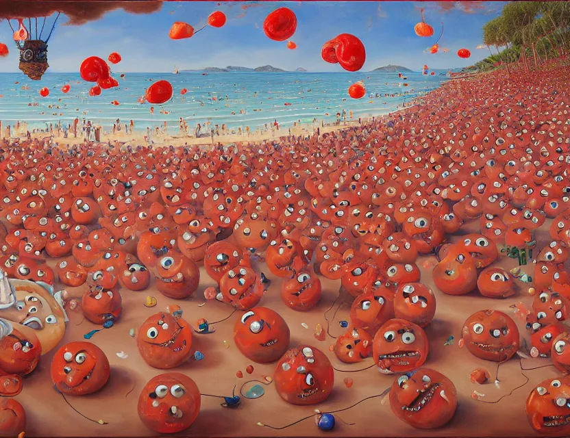 Prompt: a funny detailed high resolution oil painting with dirty old brush of a lazy red burning and melting tomato with to many googly eyes on a beach to hot for the sun, big piles of strawberry icecream in cones falling from the sky on a sunset by james jean and fernando botero