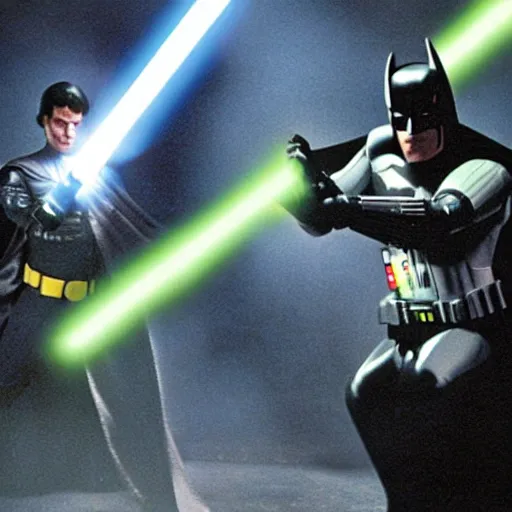 Prompt: photograph of batman engaging in a lightsaber battle in star wars 2 0 0 5