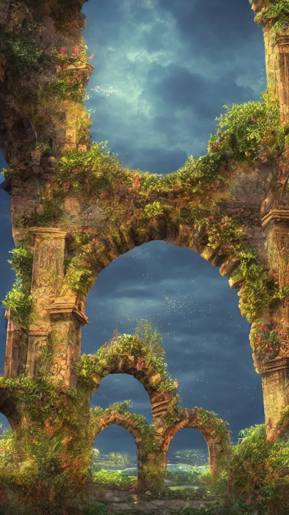 Prompt: overgrown ruined stone archway into a magical city, beautiful, intricate, detailed, golden light, 3 d animated movie frame, 8 k