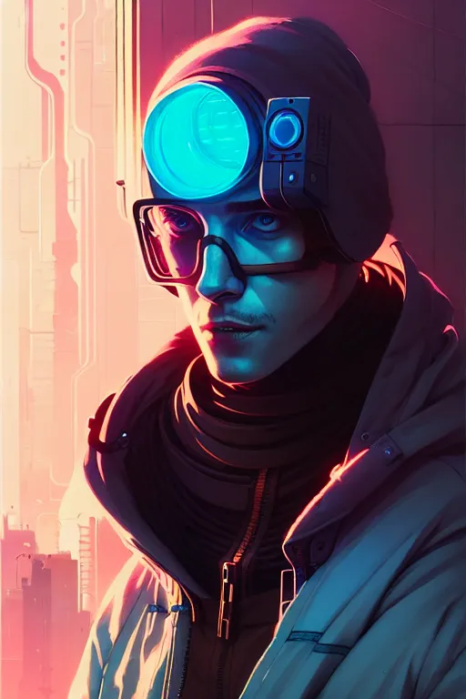 Image similar to cyberpunk synth, hyper - realistic portrait of a man in a hoodie, cyberpunk, by atey ghailan, by greg rutkowski, by greg tocchini, by james gilleard, by joe fenton, by kaethe butcher, dynamic lighting, gradient light blue, brown, blonde cream and white color scheme, grunge aesthetic