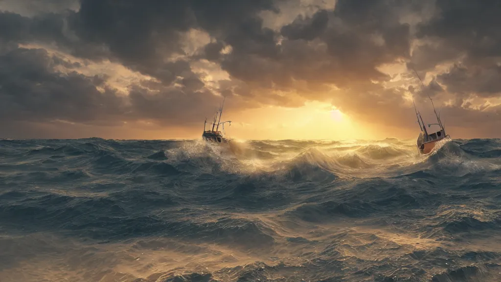 Prompt: a small fishing boat on the ocean being tossed around in heavily crashing waves, dusk, rule of thirds, rendered in octane, Corona, vray and Arnold, insanely detailed, photorealistic, cinematic, crepuscular rays, no grain