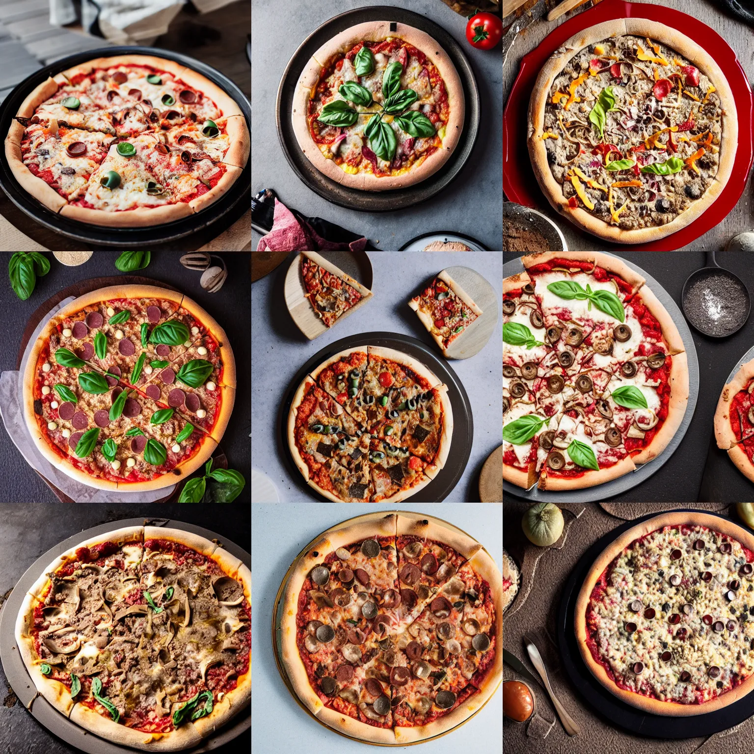 Prompt: a sand and dirt and mud deep dish pizza, on a table, professional food photography