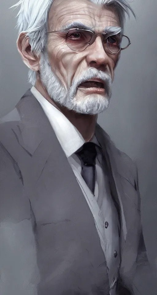 Image similar to very ugly man with silver hair wearing grey suit by artgerm and wlop and krenz cushart, painterly