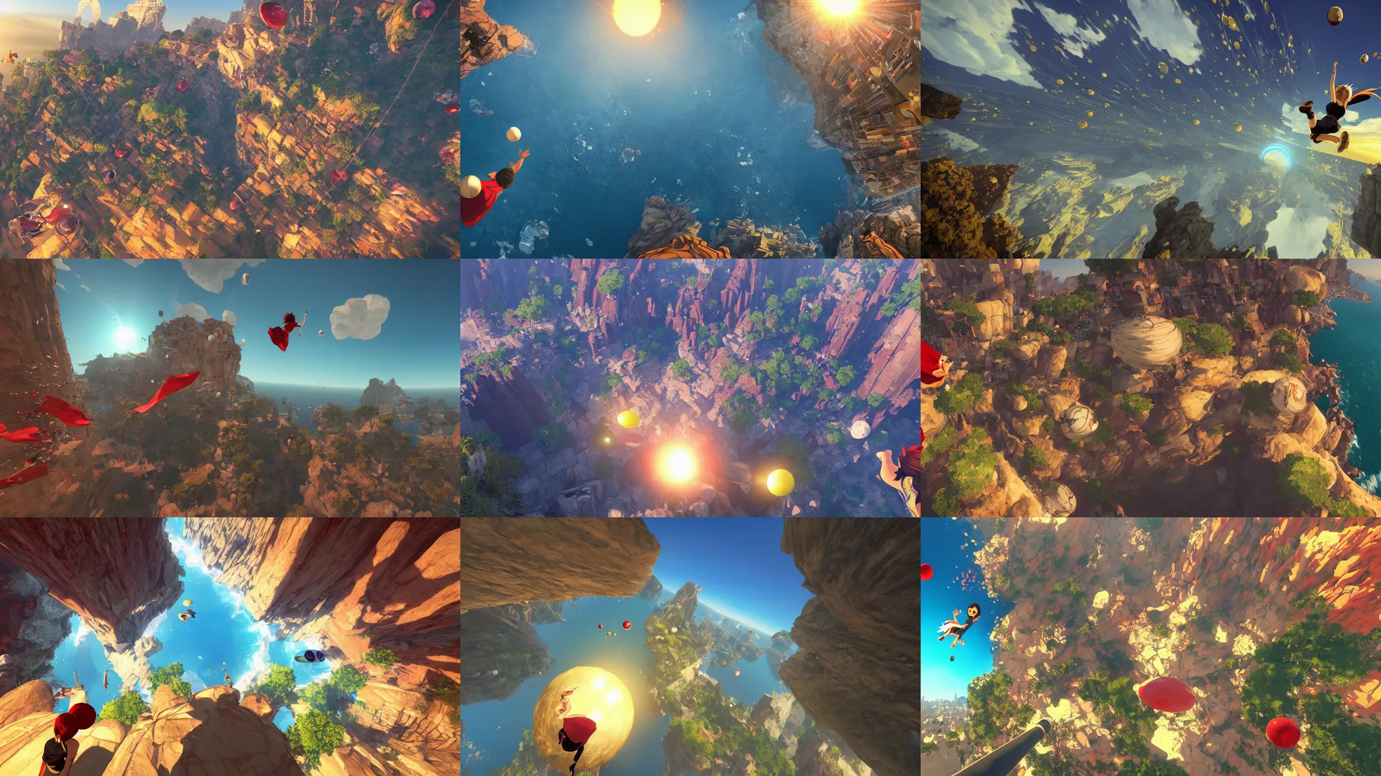 Prompt: incredible screenshot of gravity rush, on PS5, Unreal engine 5, golden hour, white ball shape building cliff-face village, large red banners fabric in the wind, dynamic camera angle, deep 3 point perspective, fish eye, dynamic extreme foreshortening, vertigo, fear of heights, contrasting shadows, huge chasm, 8k, hd, high resolution