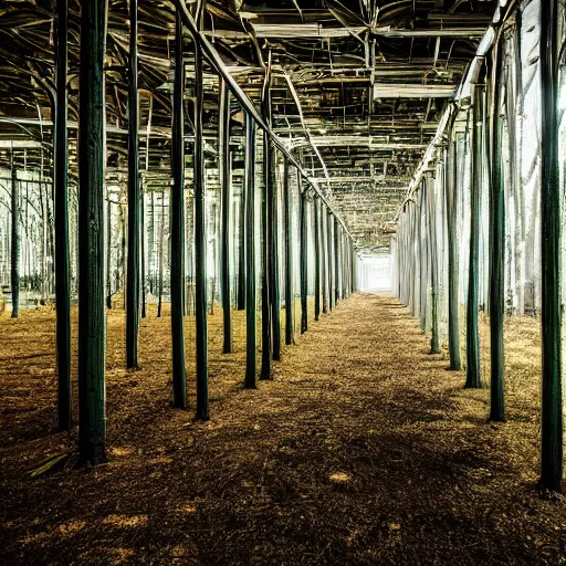 Image similar to forest growing inside of a warehouse, professional photography