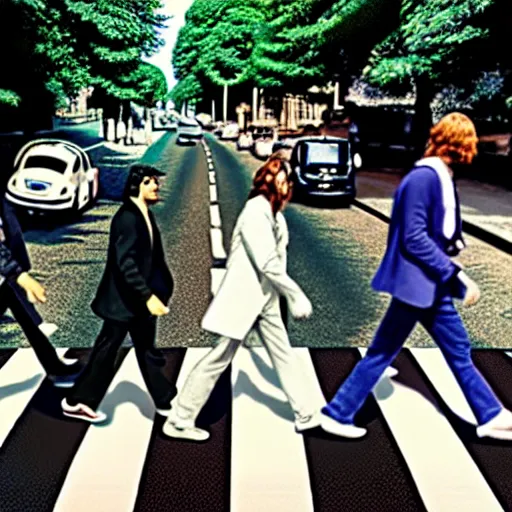 Image similar to 4 men walking on crosswalk on abbey road, city, 8 k.