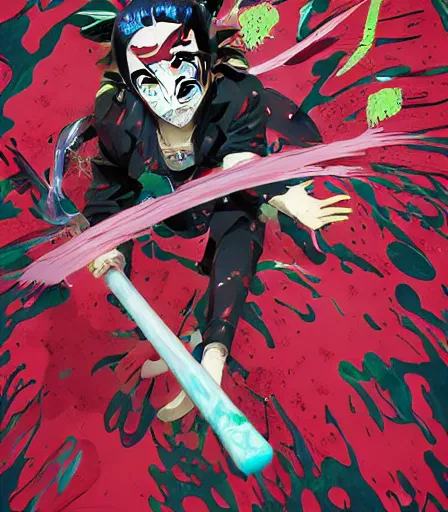 Image similar to Tim Burtons style Kimetsu no Yaiba by Alex Pardee and Nekro and Petros Afshar, and James McDermott,unstirred paint, vivid color, cgsociety 4K