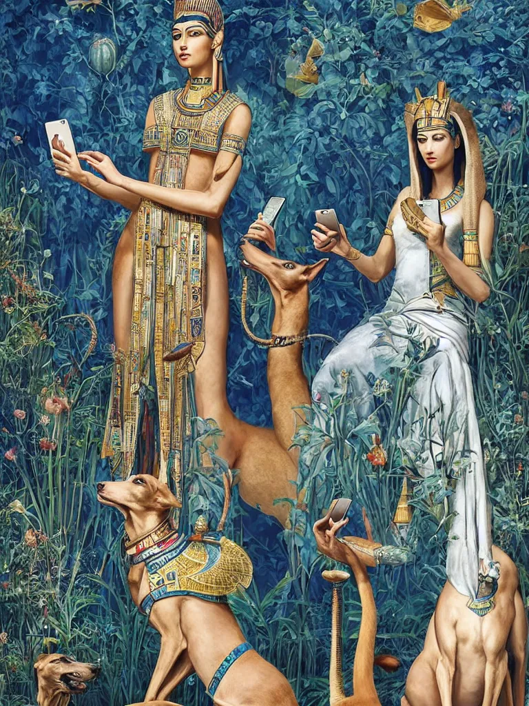 Prompt: portrait of a beautiful female ancient Egyptian goddess next to the god Anubis as a whippet, blue lotus flowers grow around them, checking her iphone by Alessio Albi, painted by Artgerm, by Marc Simonetti, by Ernst Haeckel