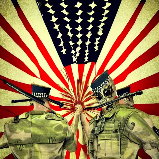 Image similar to police raid military bullets skulls weapons american flag smoke scariest horror nightmare by pushead, junji ito and horiyoshi iii, digital art, deepdream cosmic, 3 d high definition, trending on artstation, photorealistic, 8 k, octane, trending on deviantart elegant trend, highly detailed unreal engine