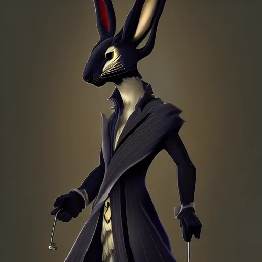 Prompt: anthropomorphic jackrabbit harengon with black skin, wearing stylized monk robes and a wide brimmed hat, digital art featured on artstation