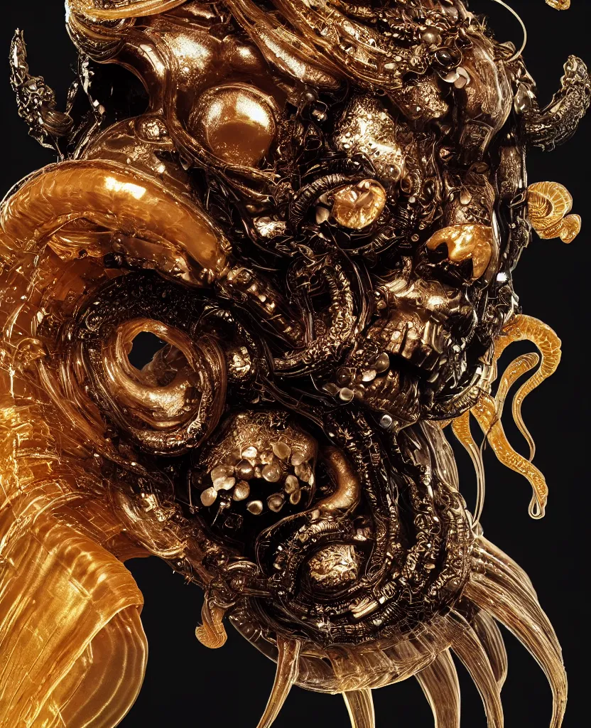 Image similar to black background. goddess princess face close-up portrait ram skull. sculpture made of gold and brilliants. jellyfish phoenix head, nautilus, orchid, skull, betta fish, bioluminiscent creatures, intricate artwork by Tooth Wu and wlop and beeple. octane render, trending on artstation, greg rutkowski very coherent symmetrical artwork. cinematic, hyper realism, high detail, octane render, 8k