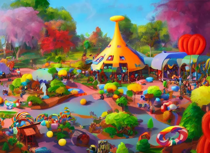 Image similar to candy zoo park for a game candy themed, top angle, oil painting by jama jurabaev, extremely detailed, brush hard, artstation, for aaa game, high quality, brush stroke