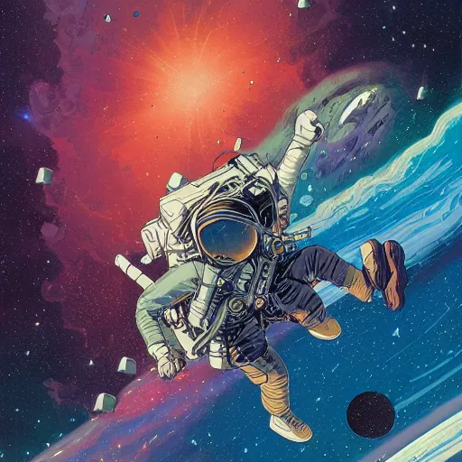 Image similar to astronaut falling on a nebula llustrated by laurie greasley, dan mumford, peter mohrbacher, hyper detailed, trending on cg society, crisp