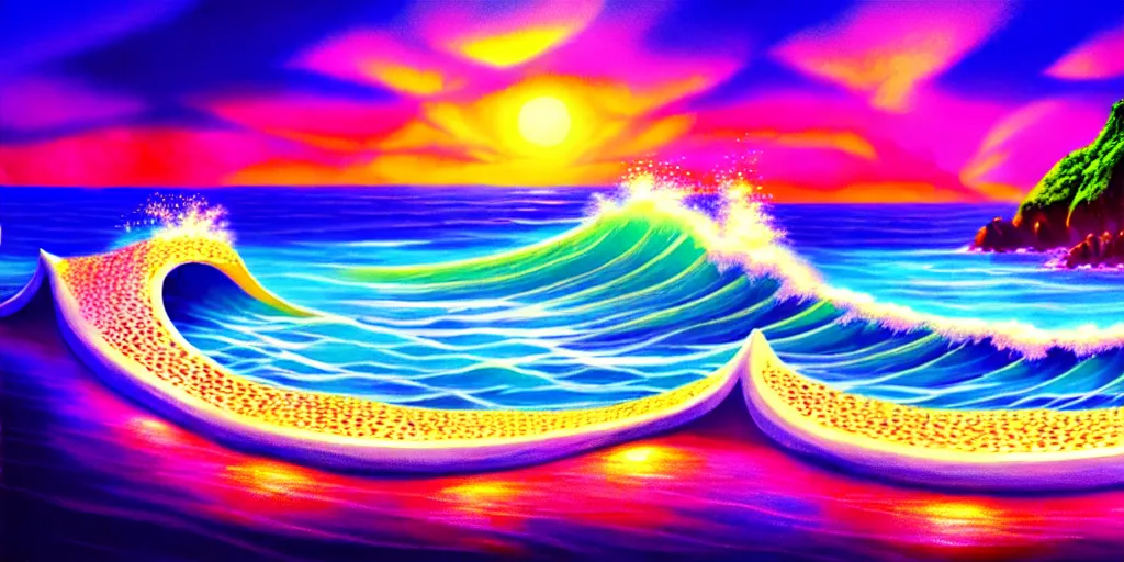 Image similar to a beach shaped like a singing mouth, the waves are made is musical notes, one wave is shaped like the mouths tongue, very colorful painting 8 k trending on art station, intricate details, very realistic, cinematic lighting, volumetric lighting,