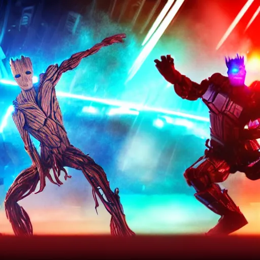 Image similar to groot and optimus prime dancing at techno party among people, wide shoot, after effect, ultra realistic 3 d