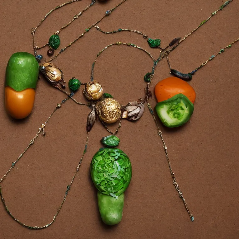 Prompt: necklace made from food, jewelry made from food, detailed, high quality, detailed, high quality, 8 k resolution, trending on artstation