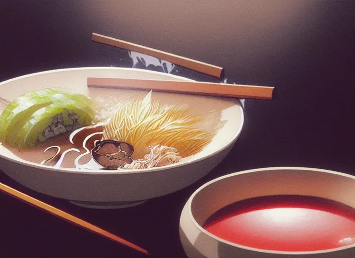 Image similar to a film still portrait of a bowl with sukiyaki, finely detailed features, closeup at the food, perfect art, at a dinner table, gapmoe yandere grimdark, trending on pixiv fanbox, painted by greg rutkowski makoto shinkai takashi takeuchi studio ghibli, akihiko yoshida