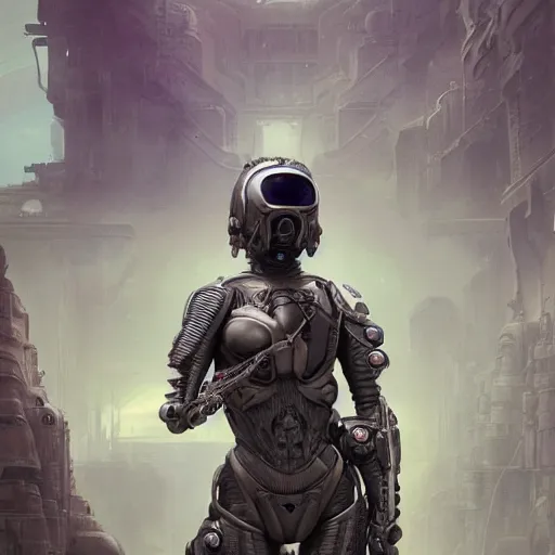 Image similar to Futuristic female soldier in armour standing in a machine city with alien plants, highly detailed, fractals, ornate, cinematic, 8k, by Stanley Artgermm, Tom Bagshaw, Greg Rutkowski, Carne Griffiths, Ayami Kojima, Beksinski, Giger, trending on DeviantArt, hyper detailed, full of color, digital art,