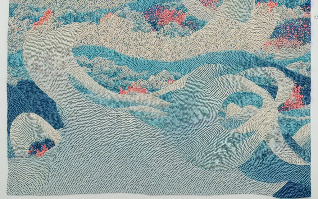 Prompt: wave, particle, synth, frequencies, pattern, osciliation. wave-particle duality. japanese embroidery. by james jean