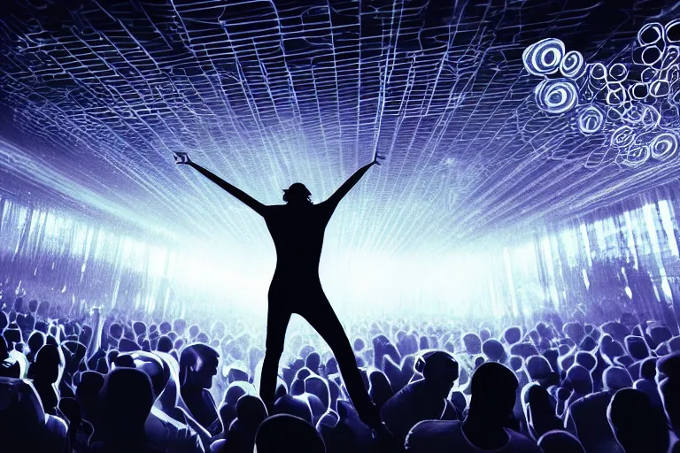 Image similar to beautiful digital art of a dj on stage spinning records with headphones looking over crowd dancing at a club by h.r. giger and moebius, silhouette, volumetric lighting, haze, moving heads light beams, spot lights, disco ball, trending on artstation, 4k, unreal engine, intricate, ornate