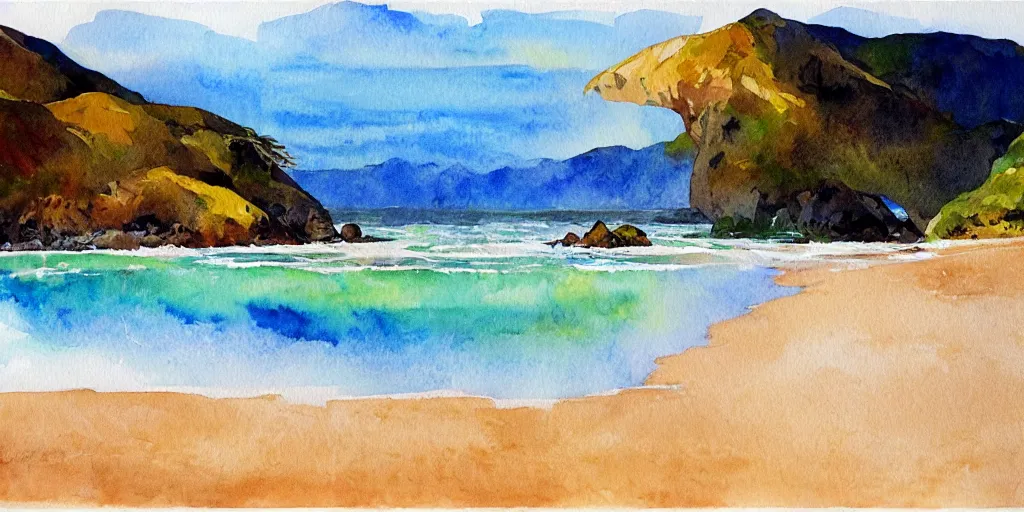 Image similar to golden bay new zealand, abel tasman, colorful watercolor painting, trending on artstation