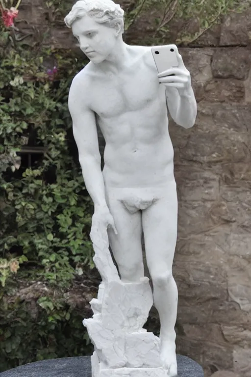 Prompt: marble sculpture of a man taking a selfie