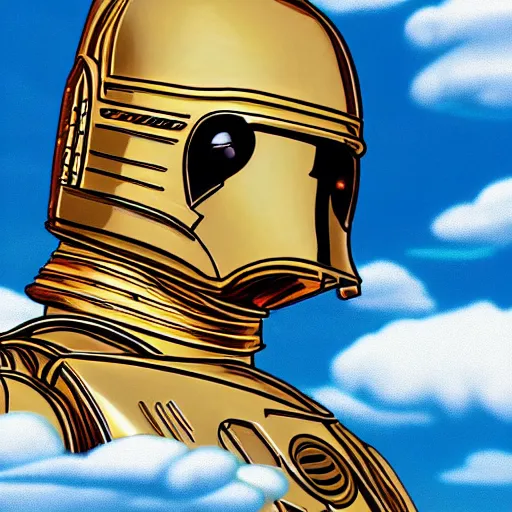 Image similar to image portrait of Simpson as C3PO in star wars, background blue sky puffy clouds cinematic 4k