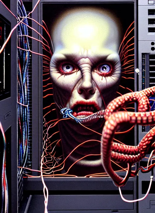 Prompt: realistic detailed photo rendered in octane 3d , of a a brain connected with wires and cords to an old PC computers from 90s in a server room by Francis Bacon and H.R. Giger, by Ayami Kojima, Amano, Karol Bak, Greg Hildebrandt, and Mark Brooks , rich deep colors. Beksinski painting, art by Takato Yamamoto. masterpiece. rendered in blender, ultra realistic, smooth shading, ultra detailed, high resolution, cinematic, unreal 6