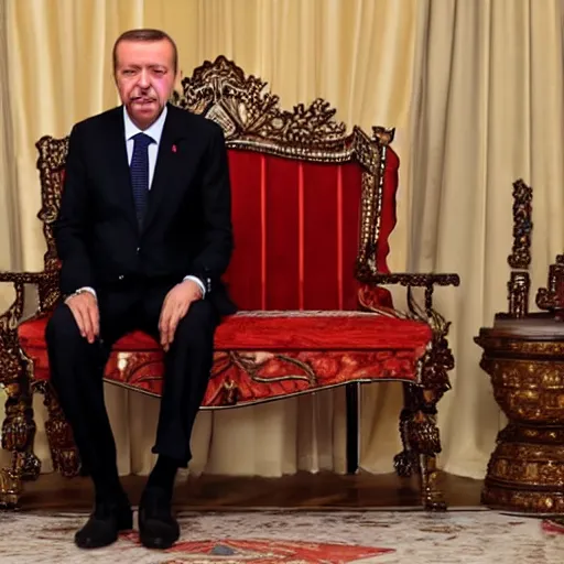 Prompt: recep tayyip erdoğan sitting on the iron throne