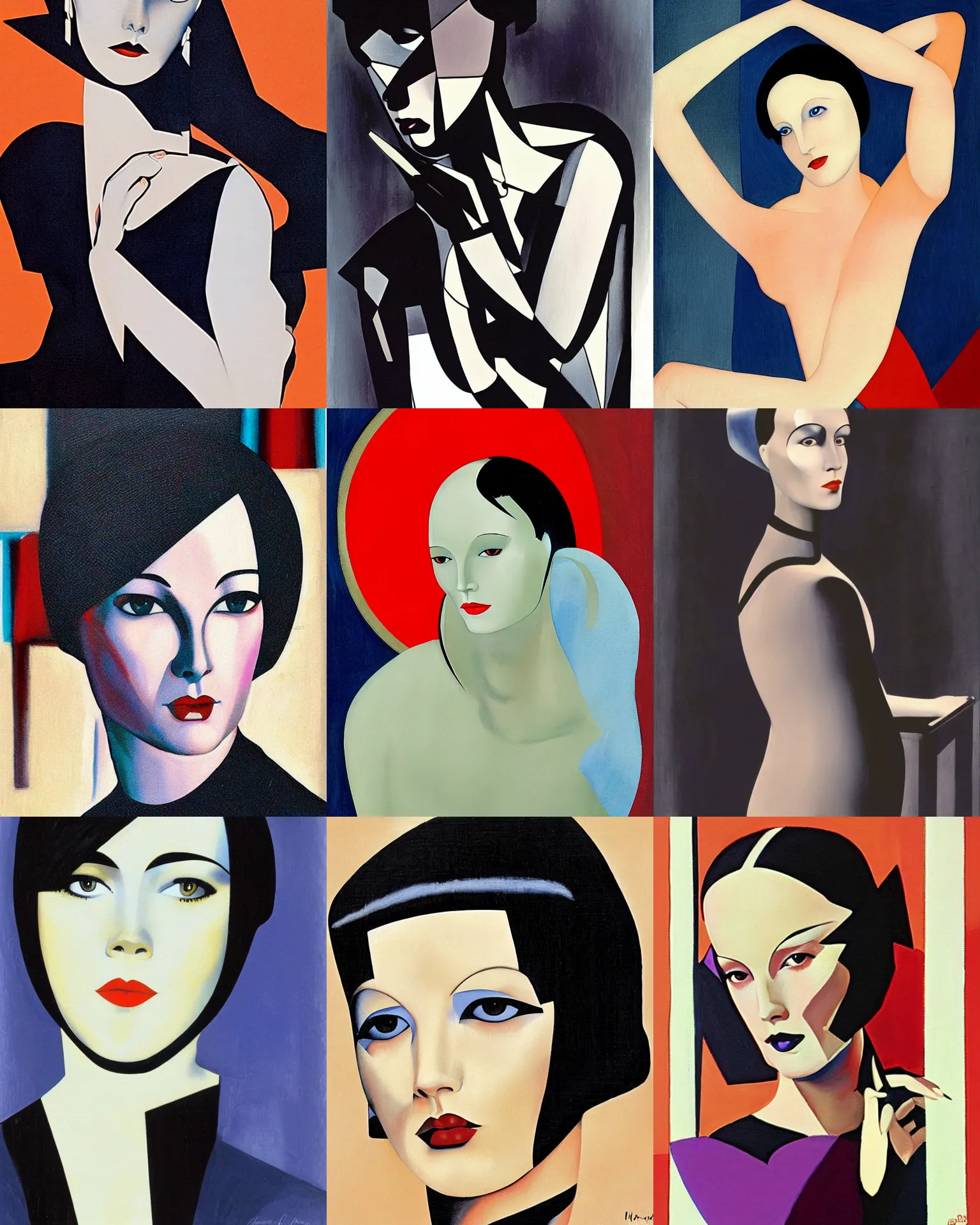 Prompt: mary louise brooks turning into a robot painting by tamara de lempicka and patrick nagel