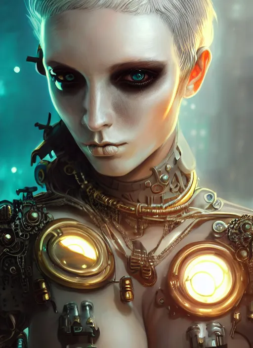 Image similar to soft lustrous ivory ebony biotech raver gutter punk gothic steampunk cyborg, golden ratio, details, scifi, fantasy, cyberpunk, intricate, decadent, highly detailed, digital painting, octane render, artstation, concept art, smooth, sharp focus, illustration, art by artgerm, loish, wlop