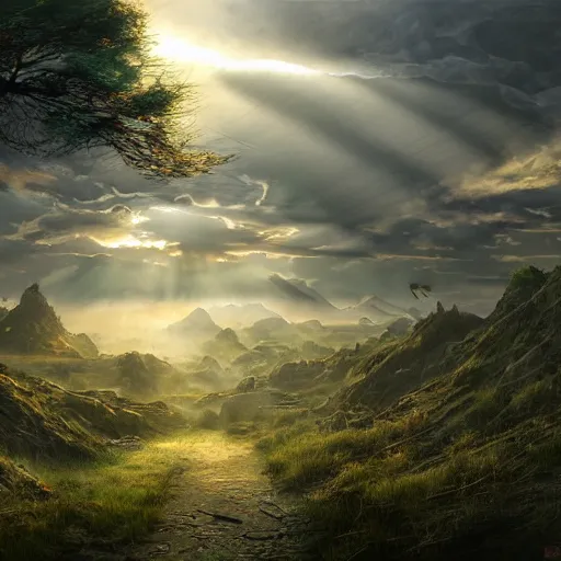 Prompt: concept art by chen uen, ancient zhou dynasty, street view from mountain, crepuscular rays, epic scene, hyper realistic, photo realistic, overgrowth, cinematic atmosphere, ethereal lighting