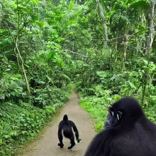 Image similar to pov of a silverback gorilla who needs to teach his confused son about the jungle