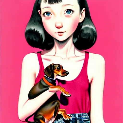 Image similar to richly detailed color  illustration of a dainty pretty young woman wearing a tank top, 'My pet dachshund' is the theme, very soft shadowing, smooth textures, large scale image. art by Range Murata.