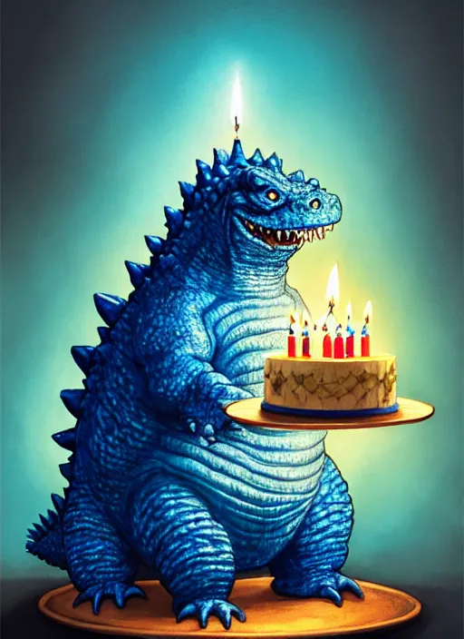 Image similar to portrait of a happy small fat blue godzilla with a birthday cake, wearing a three coloured cap with a propeller on top, intricate, elegant, candle light, highly detailed, digital painting, artstation, concept art, smooth, sharp focus, illustration, art by wlop, mars ravelo and greg rutkowski