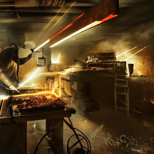 Image similar to cyborg toaster oven repairman, dark messy smoke - filled cluttered workshop, dark, dramatic lighting, orange tint, sparks, plasma rays, cinematic, highly detailed, sci - fi, futuristic, movie still, rule of thirds composition