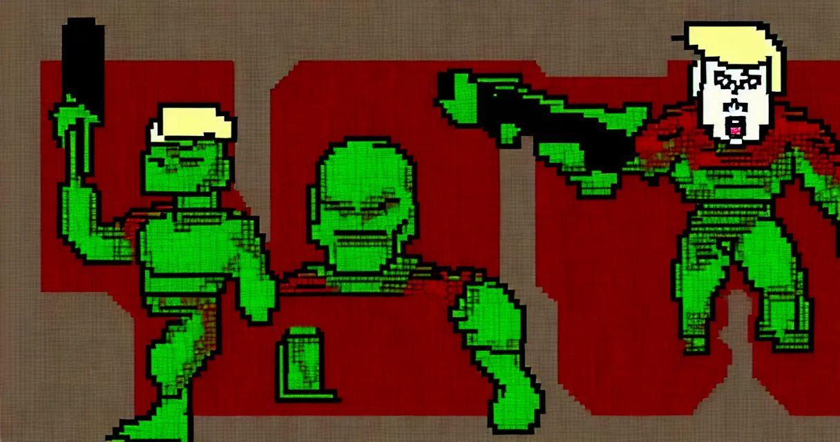 Image similar to donald trump as doomguy from old doom game, low resolution style