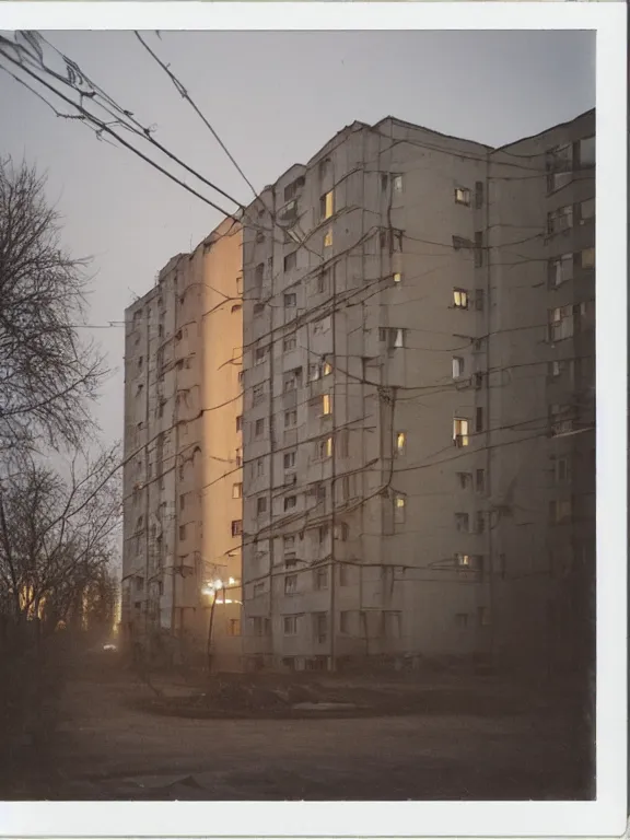 Image similar to polaroid photo of low residential building in russian suburbs, lights are on in the windows, deep night, post - soviet courtyard, cozy atmosphere, light fog, street lamps with orange light, several birches nearby, several elderly people stand at the entrance to the building