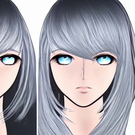 Prompt: young woman with long wavy light silver hair, with blackness instead of eyes, anime