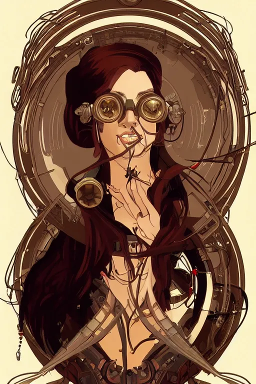 Prompt: a portrait of evil steampunk scientist, artstation, illustration by silvio camboni, steampunk concept art, alphonse mucha