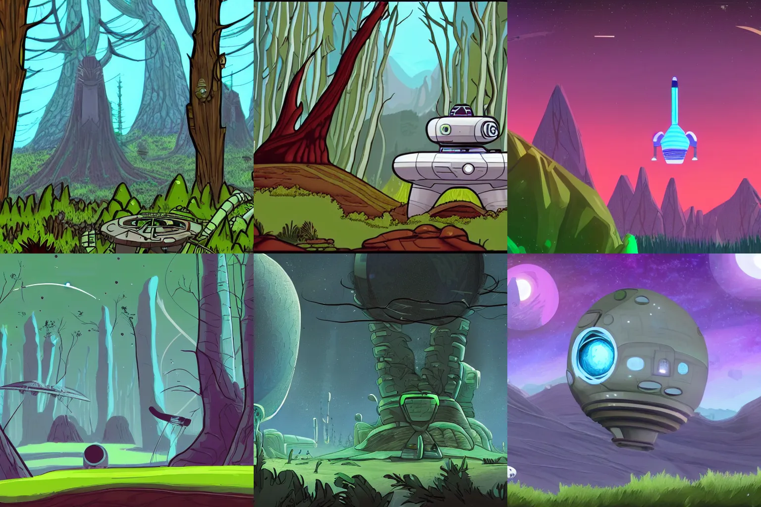 Prompt: a spaceship that has just landed at a spaceport on a strange alien planet, alien forest in background, from a space themed point and click 2D graphic adventure game, made in 2019, high quality graphics