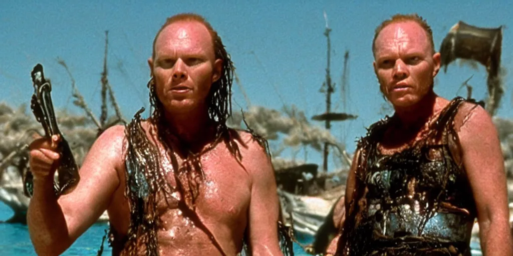 Prompt: a film still of bill burr in waterworld, high quality