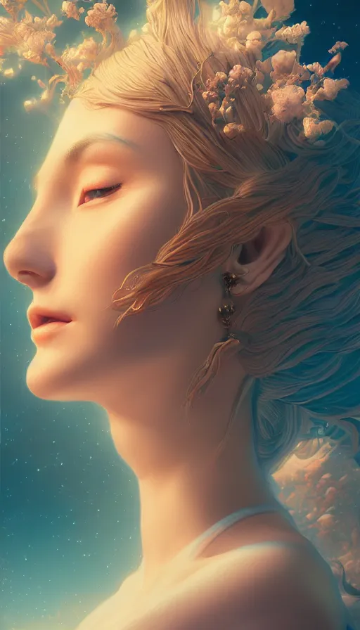 Image similar to a beautiful goddesses, profile, planets, sky, dream, highly detailed, digital painting, refreshing, trending on artstation, octane render, hyper realistic, illustration by james jean