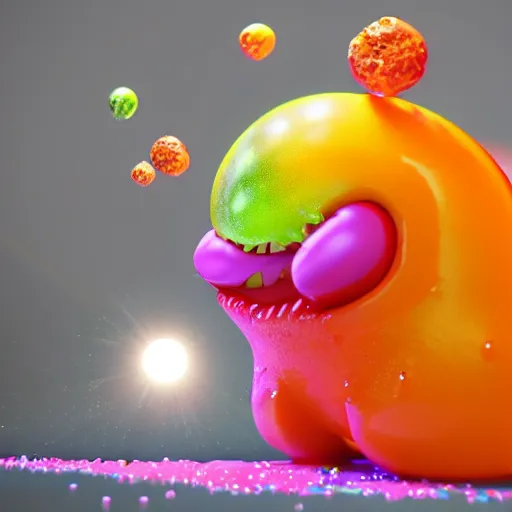 Image similar to lava lamp, gelatinous cute creature inside, happy, playful, vivid, globules, 8 k, octane render