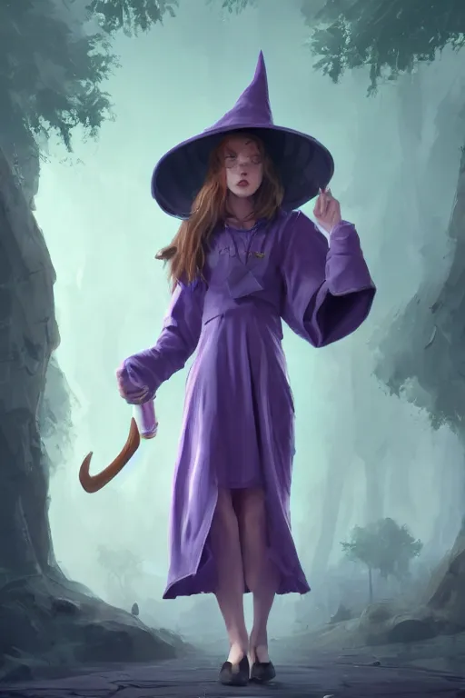 Image similar to Young cute small beautiful woman in form fitting slim purple witch robes and pointy hat at a crowded magical university, full body shot unreal engine hyperreallistic render 8k character masterpiece digital art by Greg Rutkowski, Simon Stalenhag, trending on Artstation, CGSociety