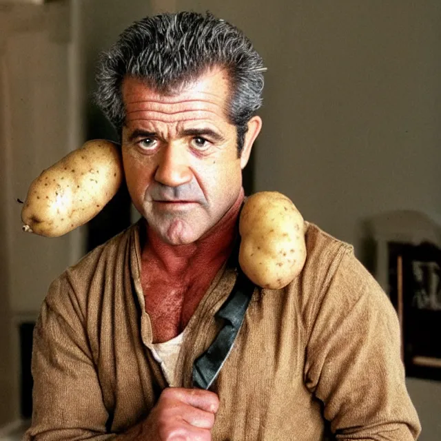 Prompt: mel gibson in a potato costume