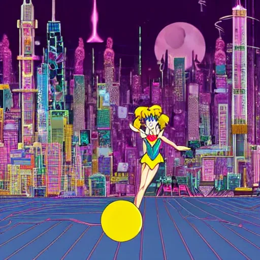 Image similar to Crystal Tokyo from Sailor Moon, circa the year 2994