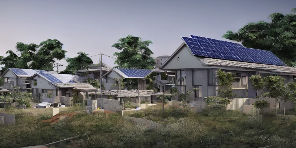 Prompt: hypermodern grid village connected houses with solarpanels integrated in nature, opposite of urban sprawl, forte gimenes marcondes ferryz arquitetos detailed, octane render, photo realism, 3D, ray tracing, photo realism