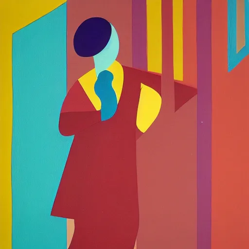 Prompt: A painting of person standing next to a window, abstract painting in the style of Sophie Taeuber-Arp and Gary Hume and Tatsuro Kiuchi, flat colour-block style, geometric abstraction, deep colours