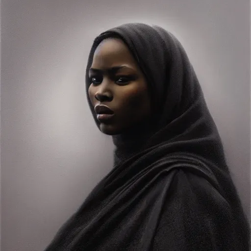 Image similar to a portrait of a young black woman wearing a long dark cloak, hood and shadows covering face, anatomically correct, beautiful perfect face, enigmatic, oil painting, matte painting, black background, Volumetric dynamic lighting, Highly Detailed, Cinematic Lighting, Unreal Engine, 8k, HD, by Beksinski